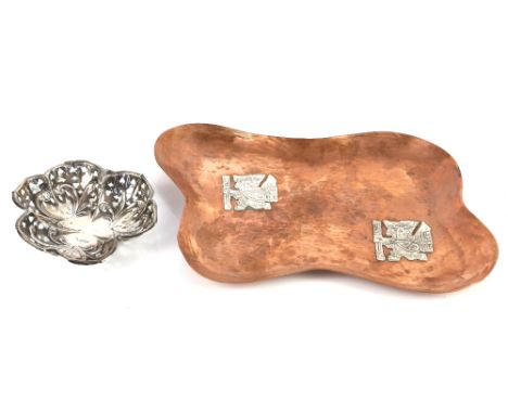 A copper and sterling silver tray and an Edwardian silver bon bon dish, Birmingham 1904.      