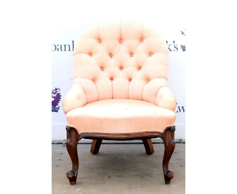 Early 20th century mahogany framed button back tub chair, a stool and three single chairs.      