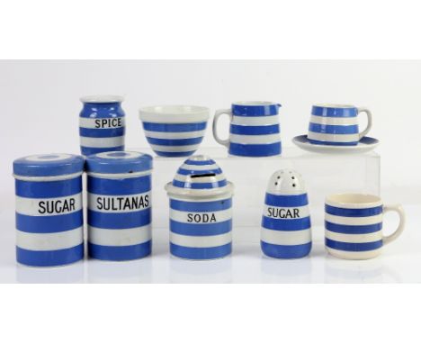 A collection of T G Green &amp; Co Cornish ware blue and white banded covered jars comprising Sultanas, Rice, Oatmeal, Sugar,