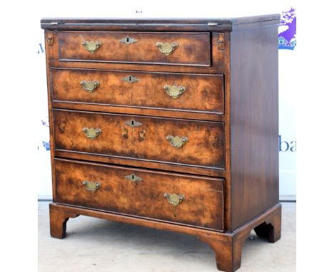Burr walnut chest with fold over top, over four long drawers and bracket base,.      
