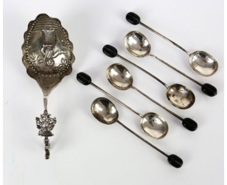 Set of six silver coffee bean spoons, Sheffield 1950 and a large 930 grade silver caddy spoon import London 1893.      