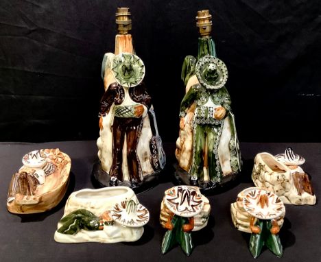 Jersey Pottery - a pair of figural lamp bases, with sleeping Mexicans, 34cm high; similar trinket dishes; etc