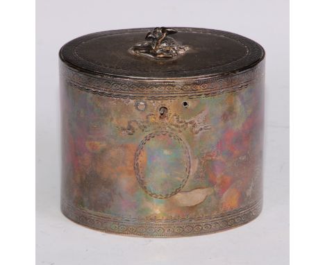 A George III silver oval tea caddy, hinged cover with flower finial, bright-cut engraved with Neo-Classical borders and centr