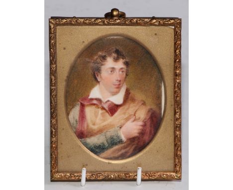 English School, 19th century, a portrait miniature on ivory, young gentleman in scholarly dress, 6.5cm x 5cmIvory declaration