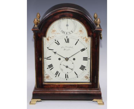 A George III Scottish mahogany bracket clock, 20cm arched enamel dial inscribed Chas Campbell, Bo'ness, Roman numerals, strik