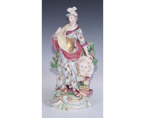 A large Derby patch mark figure, Minerva, modelled with her attributes and boldly picked out in polychrome and gilt, 38cm hig