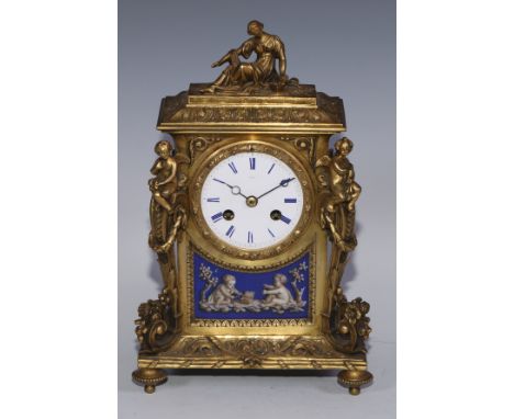 A 19th century French porcelain mounted ormolu mantel clock, by Dent, Paris, 7cm circular enamel dial, twin winding holes, ei