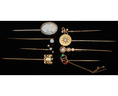 A 19th century opal stick pin, yellow metal star disc mount, unmarked; others seed pearl and opal;  blister pearl, paste etc,