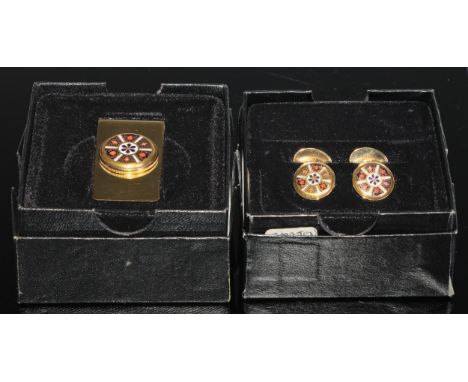 A Royal Crown Derby 1128 pattern gilt metal money clip, boxed; a pair of Royal Crown Derby 1128 pattern gilt metal cuff links