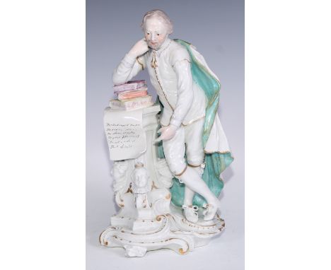 A Derby patch mark figure, of William Shakespeare, turquoise cloak, picked out in gilt, scroll base, 28cm high, c.1775 