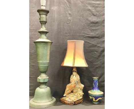 A Japanese satsuma figural lamp base, 28cm high; a Japanese cloisonne vase, 21.5cm high; a large archaic lamp base, 77cm high