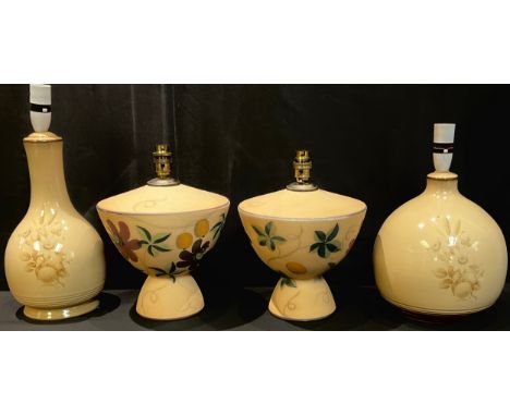 A Denby Memories pattern globular side lamp; another; a pair of Langley side lights, decorated with stylised flowers;