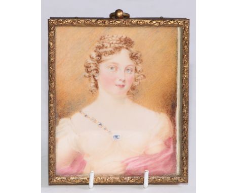 English School, early 19th century, a portrait miniature on ivory, young lady with hair in ringlets, wearing an evening gown 