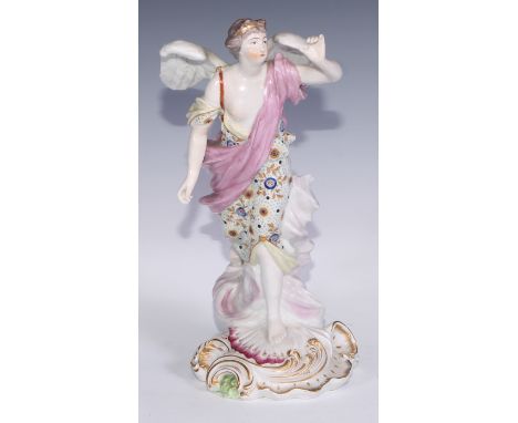 A large Derby patch mark figure, Fame, no.302, scroll base, picked out in polychrome enamels, 31cm high, c.1765 