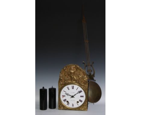 A French comtoise morbier vinyard wall clock, 21.5cm circular dial inscribed Lis Cadot, à Pacy-s/.-Eure, Roman numerals, the 