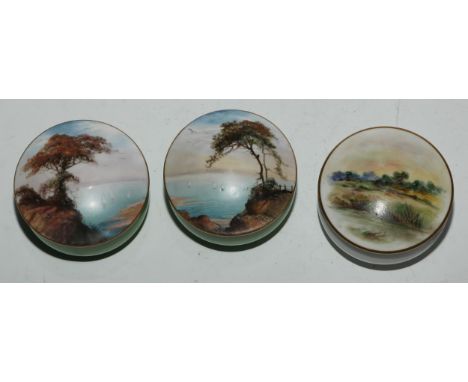 A Royal Worcester topographical trinket box and cover, painted with a coastal landscape, apple green base, 7cm diam, printed 
