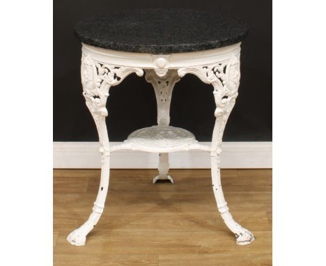 An Edwardian cast iron pub table, by Allinsons Ltd, Bar Fitters, Sheffield, later granite top, cabriole legs cast to the knee