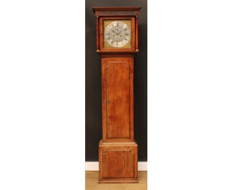 A George III oak longcase clock, 31cm square brass dial inscribed Henry Banister, Litchfield (sic), Roman and subsidiary Arab