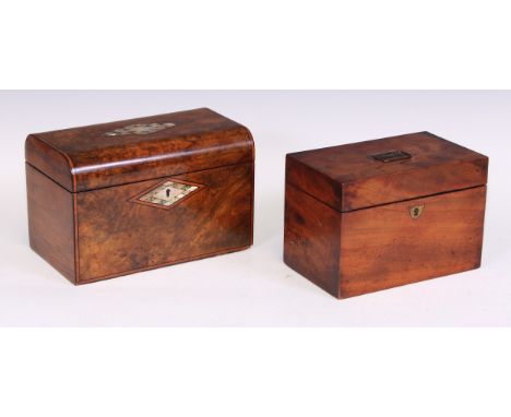 A Victorian walnut domed rectangular tea caddy, hinged cover inlaid with a reserve of mother of pearl and abalone lozenges, e