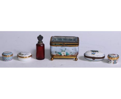 Halcyon Enamelled pill box, Diana;  another;  Royal Worcester;  a French porcelain and gilt metal trinket box;  a ruby scent 