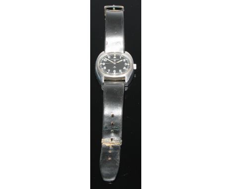 Hamilton - a Military issue stainless steel gentleman's wristwatch, circa 1975, the signed circular black dial with broad arr