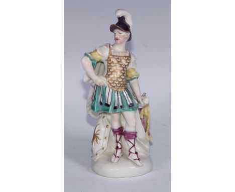 A Derby patch mark figure, Mars, he stands, with martial attributes, 17.5cm high, c.1765 