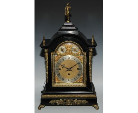 A 19th century gilt metal mounted ebonised musical repeater bracket clock, 16cm arched brass dial, silvered chapter ring insc