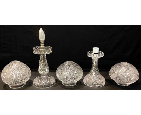 A 20th century cut glass side light, mushroom shade, 35.5cm high; another; etc