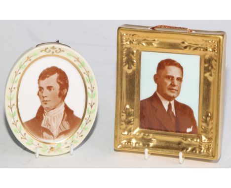 A Royal Crown Derby oval portrait miniature, printed in sepia with Robert Burns, moulded leafy border, 9cm, year cypher for 1