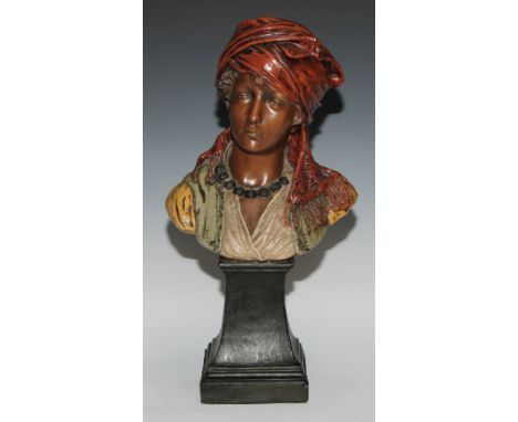 A Goldscheider Art Nouveau terracotta bust, of a young girl in Eastern dress, spreading square socle, impressed signature and