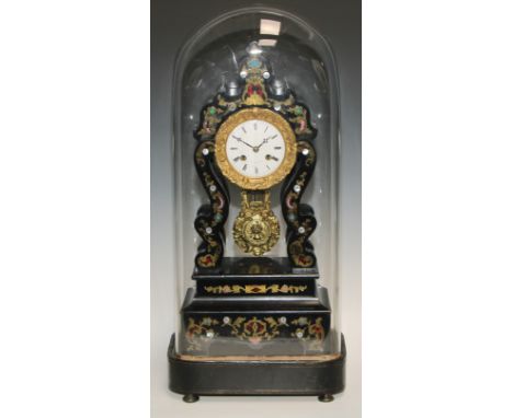 A 19th century French marquetry and ebonised portico clock, 8.5cm enamel dial inscribed ** Rue St Honore, Paris, Roman numera