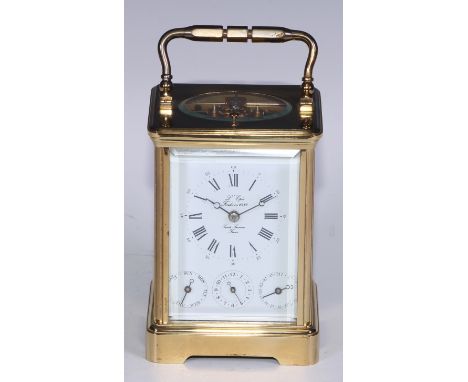 A French gilt brass repeater calendar carriage clock, by L'Epee, 6.5cm rectangular enamel dial with Roman and subsidiary Arab