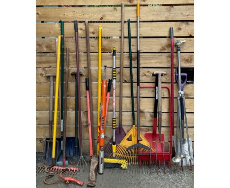 Garden Tools - a Sheen Flamewand; a high-rise tripod sprinkler; a hollow tine lawn aerator; spade; rakes; hoe; etc