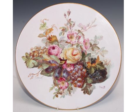 A Derby Crown Porcelain circular charger, painted by R Bier, with flowers and ripe fruit, printed mark, dated [18]80 