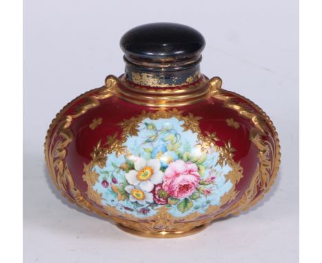 A silver mounted Lynton Porcelain Company ovoid inkwell, painted by Stefan Nowacki, signed, with colourful summer flowers, mo