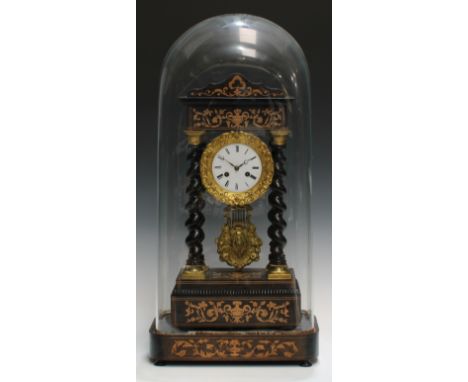 A 19th century French marquetry and ebonised portico clock, 10cm circular enamel dial inscribed with Roman numerals, shaped s