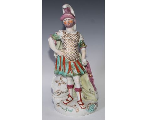 A large Derby patch mark figure, Mars, as a Roman centurion, scroll base, 35.5cm high, c.1765 