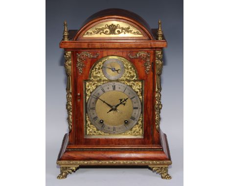 A 19th century gilt metal mounted bracket clock, 15cm arched brass dial, silvered chapter ring engraved with Roman and subsid