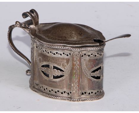 A Victorian Scottish silver commode shaped mustard, pierced and bright-cut engraved in the Neo-Classical taste, hinged domed 
