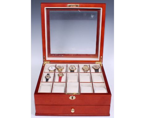 Watches - Rotary, Sekonda, etc, all in a watch display box, fifteen cushion top above four section base drawer, 13.5cm high, 