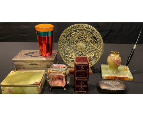 Boxes and Objects - a late Victorian/early Edwardian lady's companion set, presented in a red morocco leather case; a green o