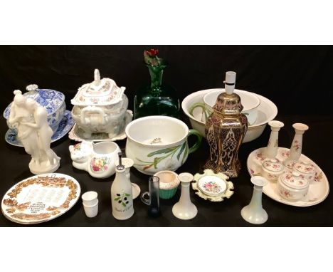 A Derwent Dale Cromford hexagonal lamp base; two chamber pots; dressing table sets; blue and white tureen and cover; etc