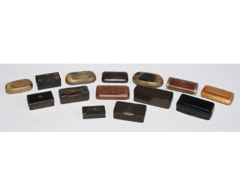 A 19th century Mauchline type papier-mâché rounded rectangular snuff box, hinged cover, 9cm; other 19th century and later pap
