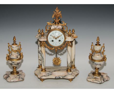 A late 19th century French gilt metal mounted marble portico clock garniture, 8.5cm convex enamel dial inscribed with Arabic 