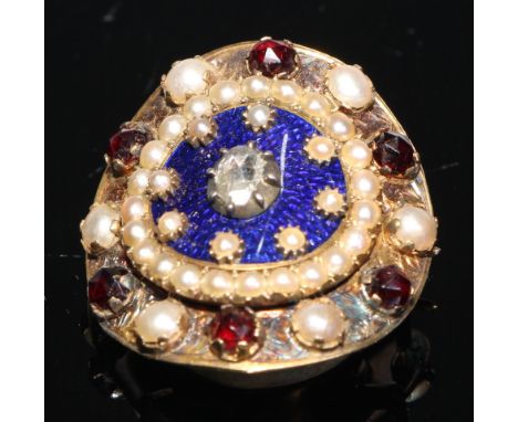 A 19th century diamond set curved circular scarf pin or brooch,  set with an old cut stone on a blue enamel ground within see