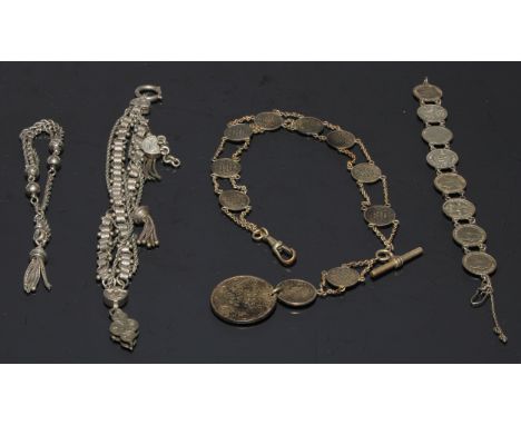 A Victorian fancy link Indian silver coloured metal Albert chain bracelet, 20cm long;   Indian white metal Albert watch chain