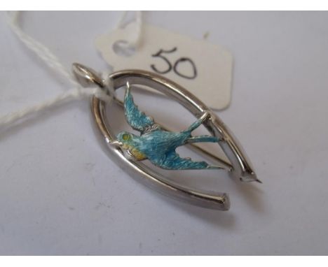 An unusual silver & blue enamel Swallow bird   brooch 1.8g        