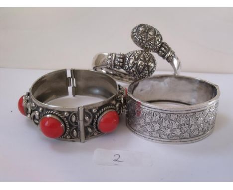 Three silver bangles one stone set     