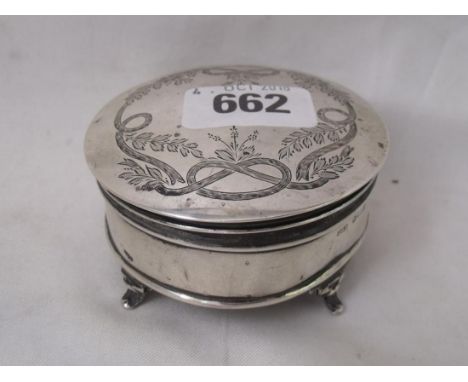 Trinket box engraved with foliage 3” diameter Birm   1908 by CBT         