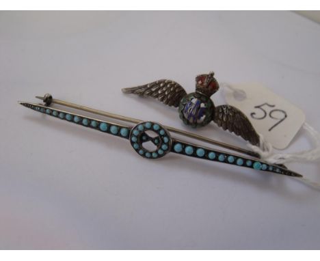 Vintage turquoise silver propeller brooch 7.5cm long   also R.A.F silver & enamel brooch 7g inc    